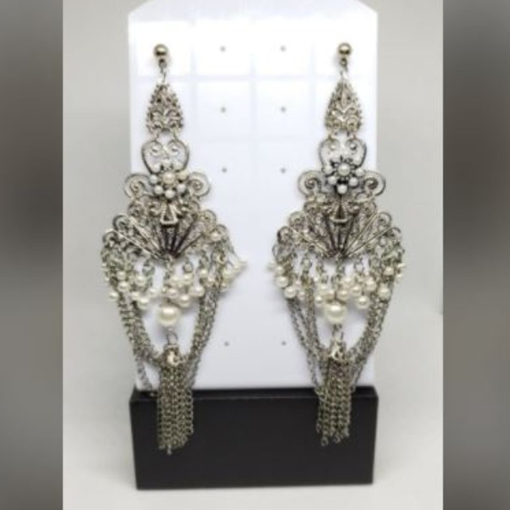 Extra Long Metal and Pearl Look Earrings